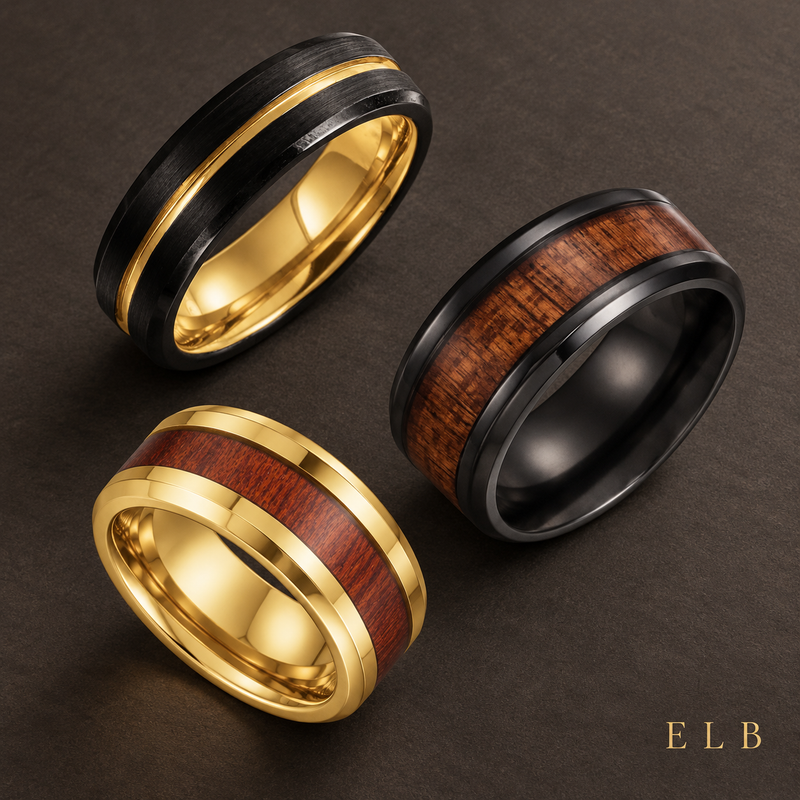 ELB men's wedding bands — black and gold tungsten, Koa wood and walnut wood styles