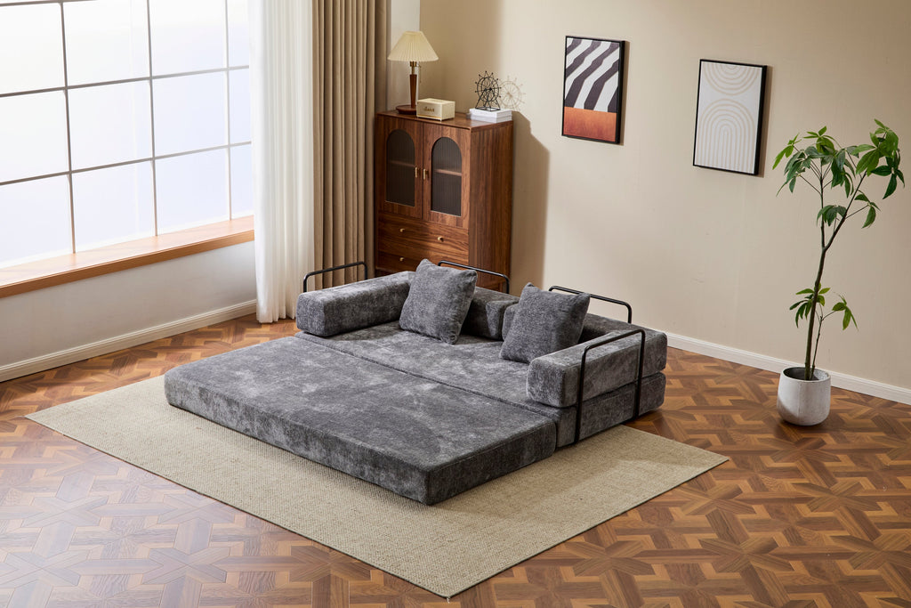 Floor Couch,Compression Sofa,Convertible Floor Sofa Bed-with Pillow Back Support Armrest,Comfy Futon Couch Lounge Sleeper Bed,Chenile fabric,for Living Room Bedroom (DARK-GREY)