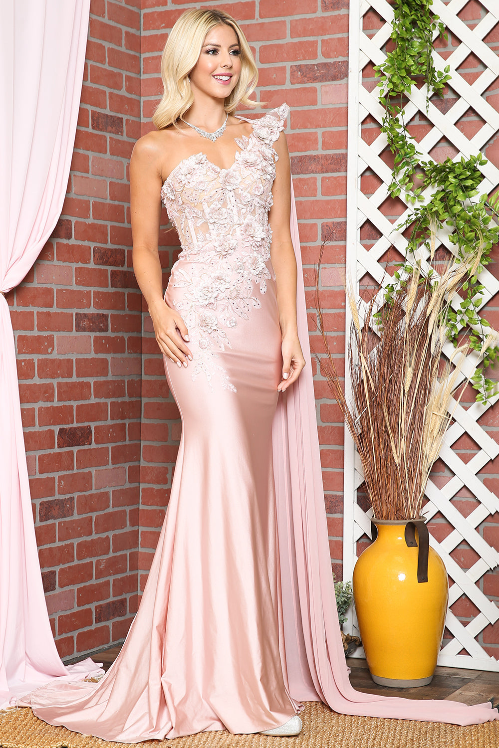 Strap One Shoulder 3D Floral Applique Mermaid Long Evening & Prom Dress AC388