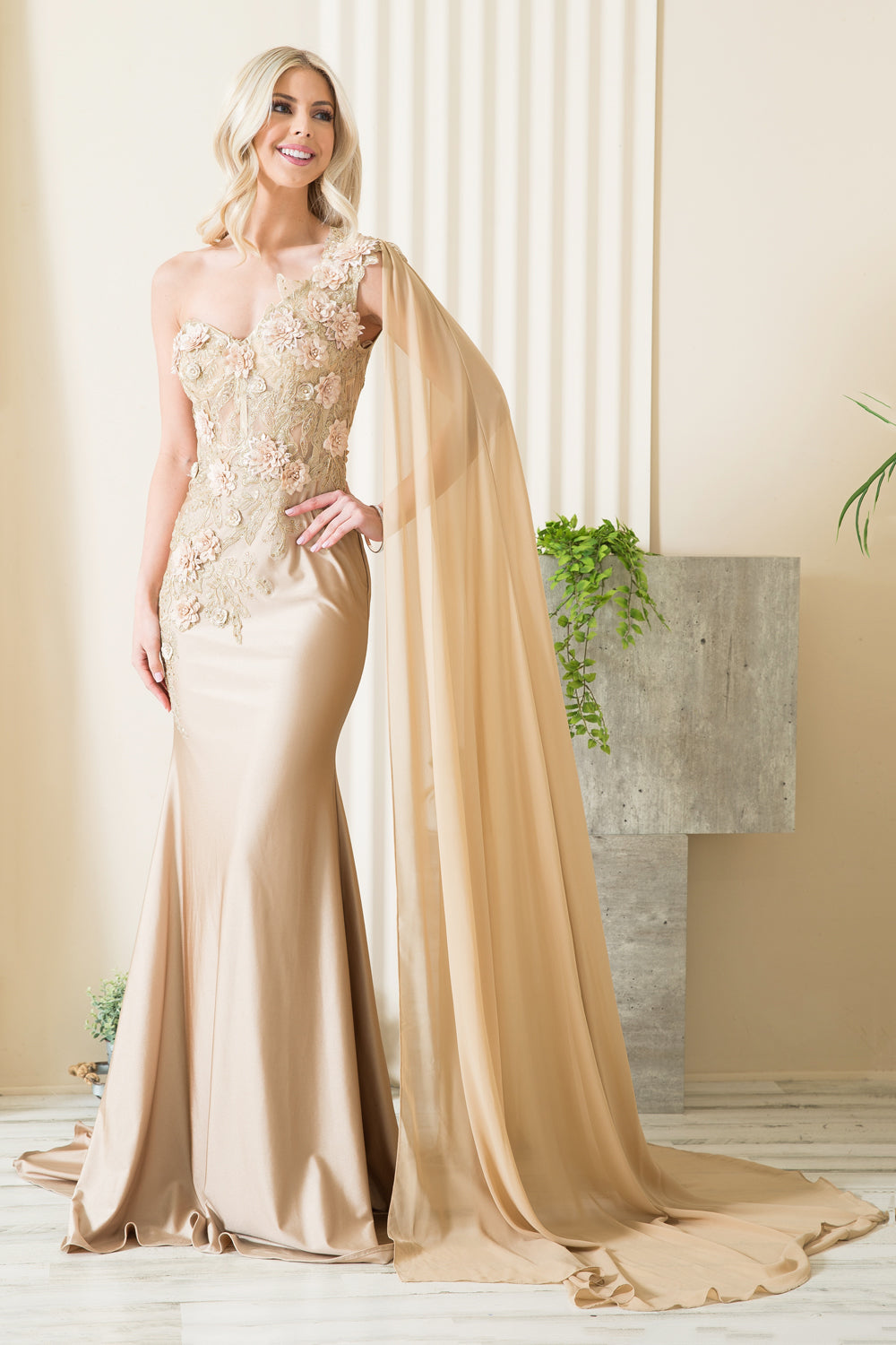 Strap One Shoulder 3D Floral Applique Mermaid Long Evening & Prom Dress AC388