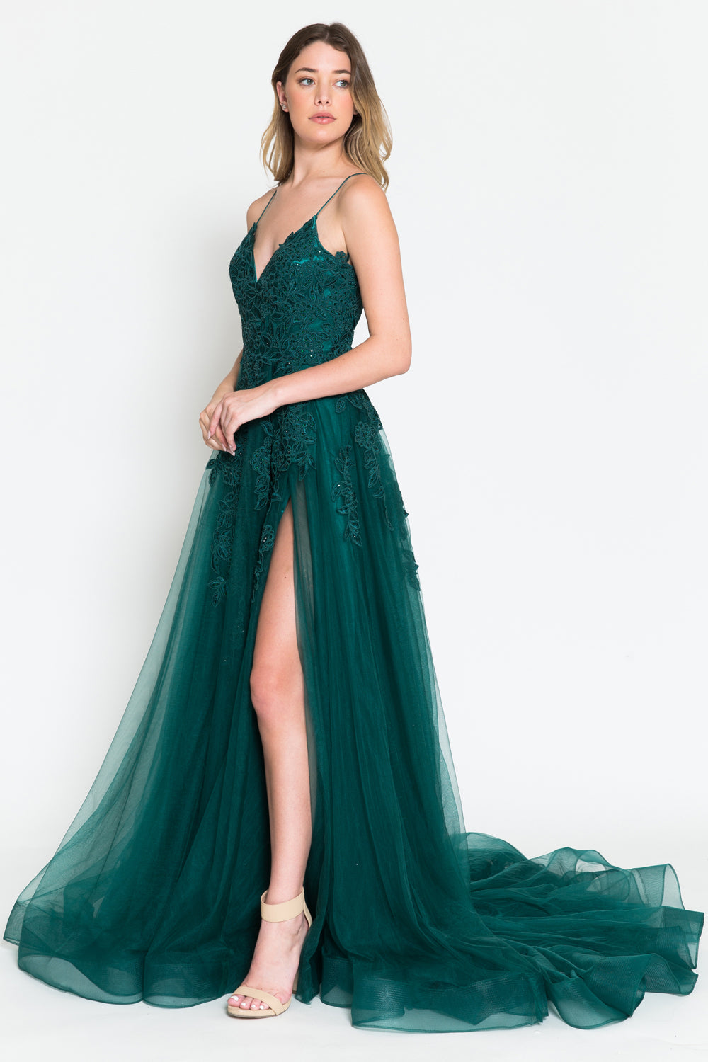 V-Neck Embroidered Lace Tulle Skirt Slit Long Wedding & Prom Dress ACBZ014
