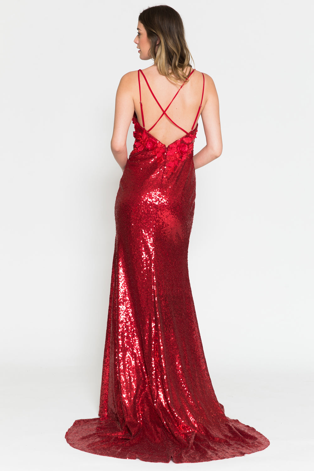 Embroidered Sequin Slit Flower Detailed Long Evening & Wedding Dress AC5020