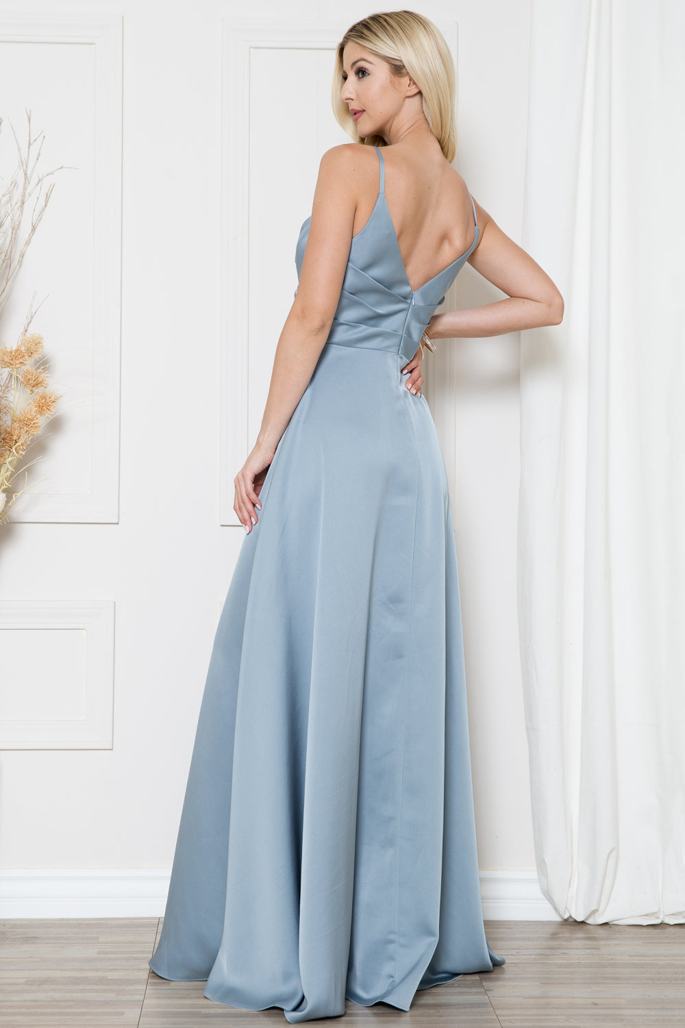 Open V-Back Spaghetti Straps High Slit Saton Long Prom Dress ACBZ012
