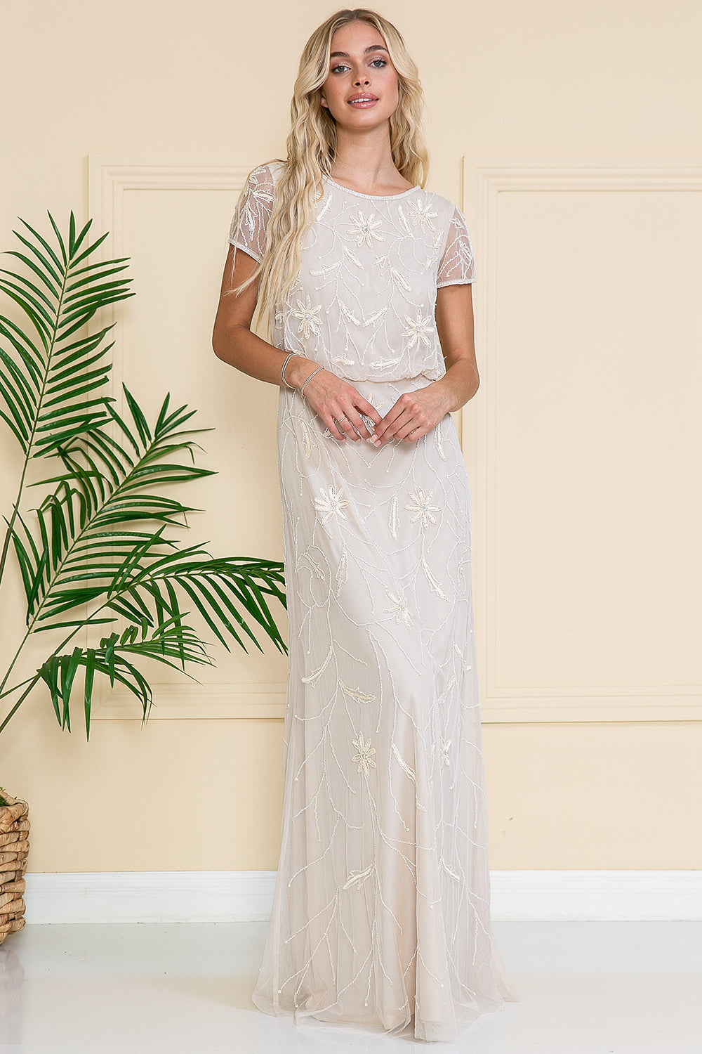 Short Sleeeves Glitter Embellished Long Mother Of The Bride Dress