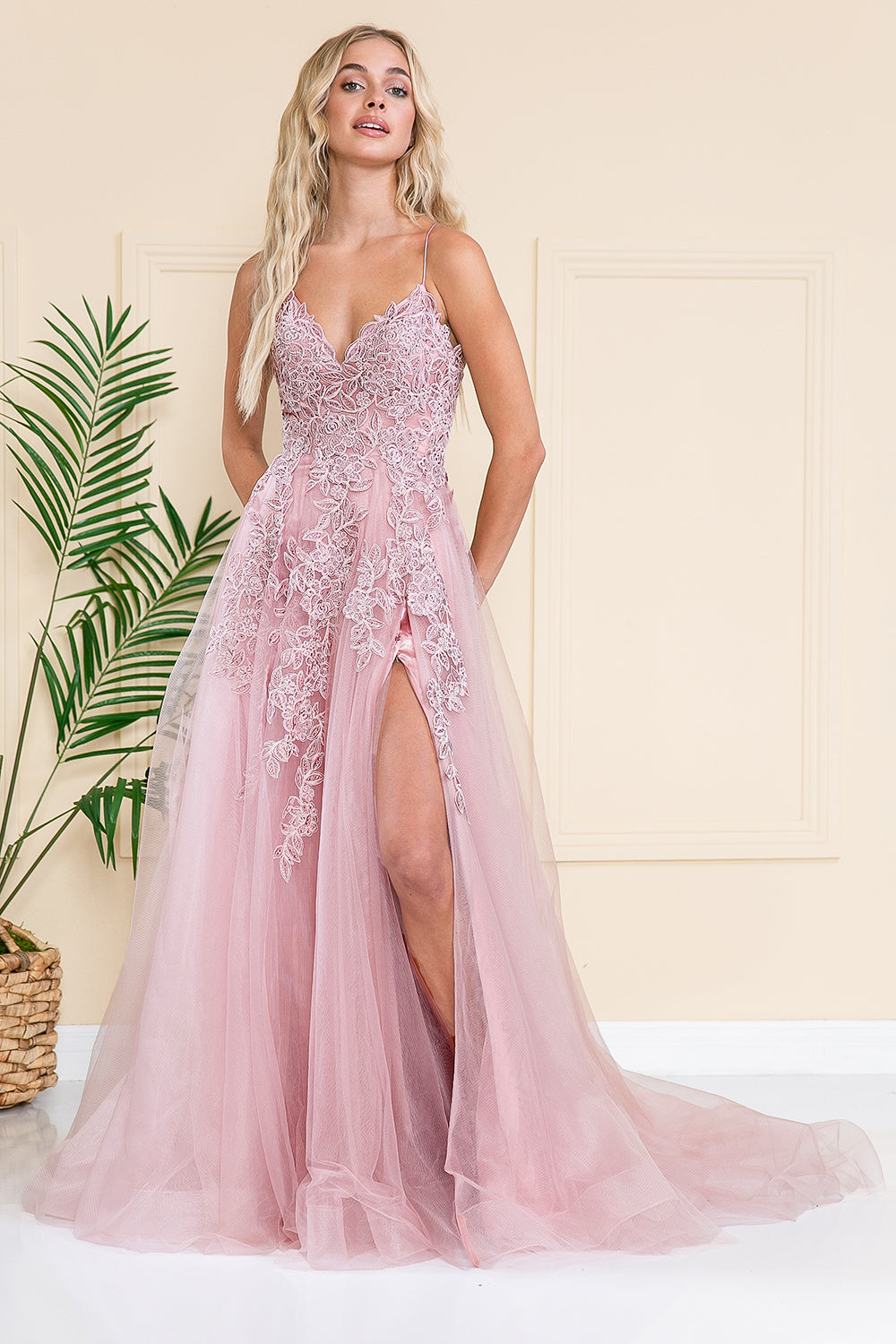 V-Neck Embroidered Lace Tulle Skirt Slit Long Wedding & Prom Dress ACBZ014