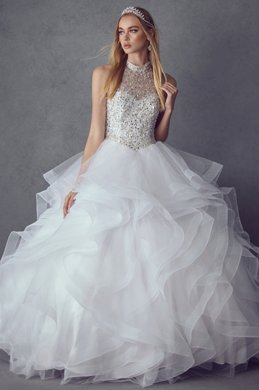 Crystal Beading On A Flounced Tulle Long Quinceanera Dress JT1420