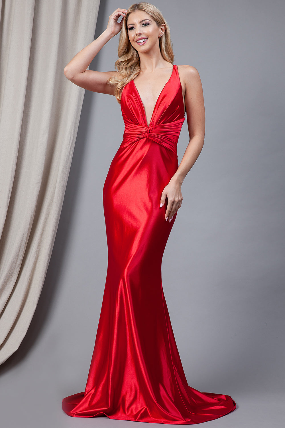 Satin Open Criss Cross Back Long Prom Dress AC5039