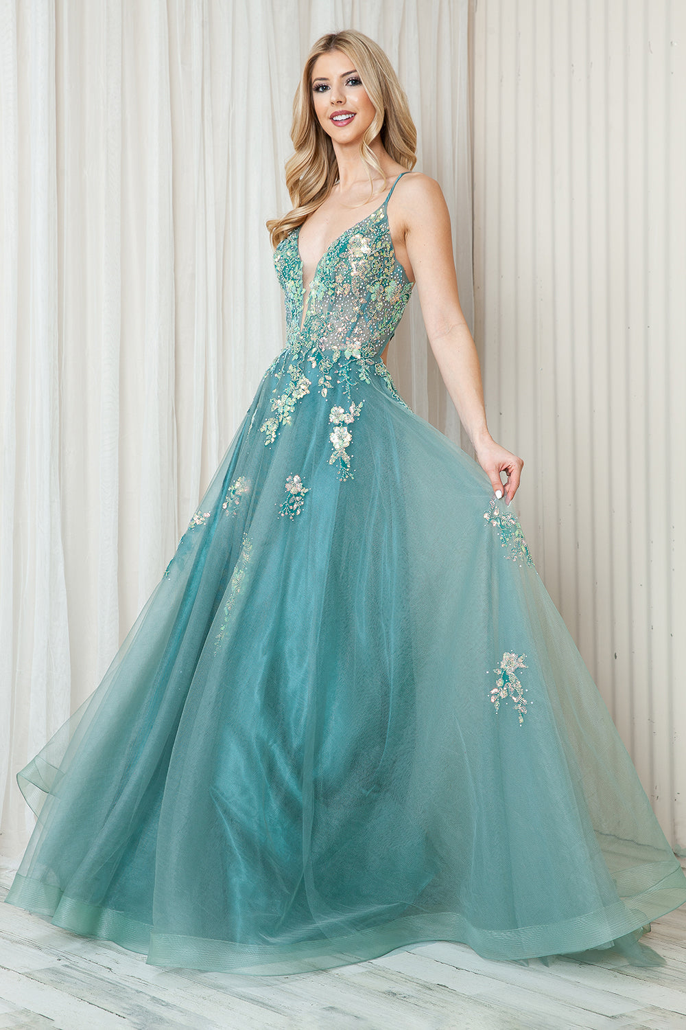 Tulle Skirt Embroidered Lace High Side Slit Long Prom Dress ACTM1003