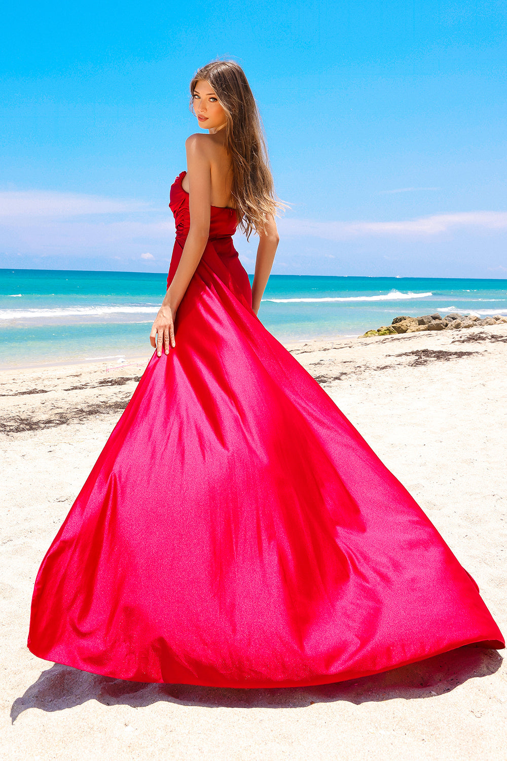 Sleeveless Festive Floor Length Gown w/ V-Neckline & Elegant Hip Cape AC3013