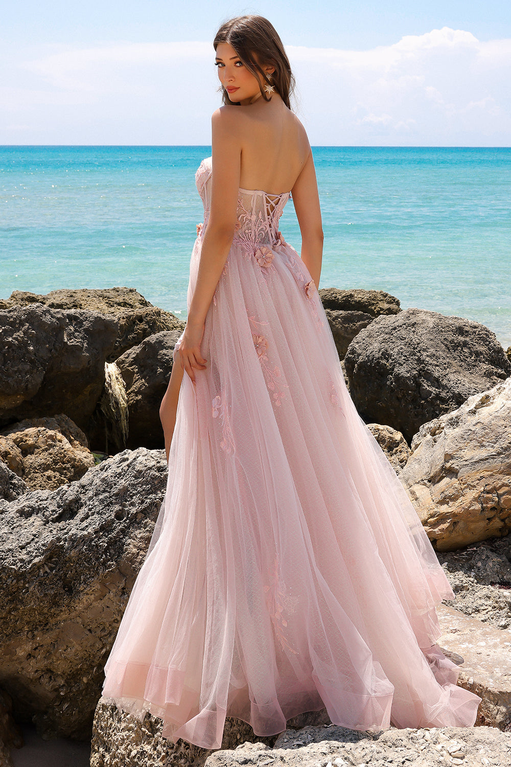 Strapless Fit & Flare Graduation Gown w/ Floral Motif & Voluminous Overskirt ACTM1002