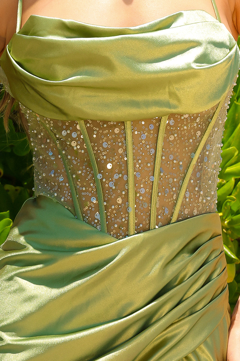 Sheer Embroidered Bodice Satin Open Criss Cross Back Long Prom Dress ACBZ020