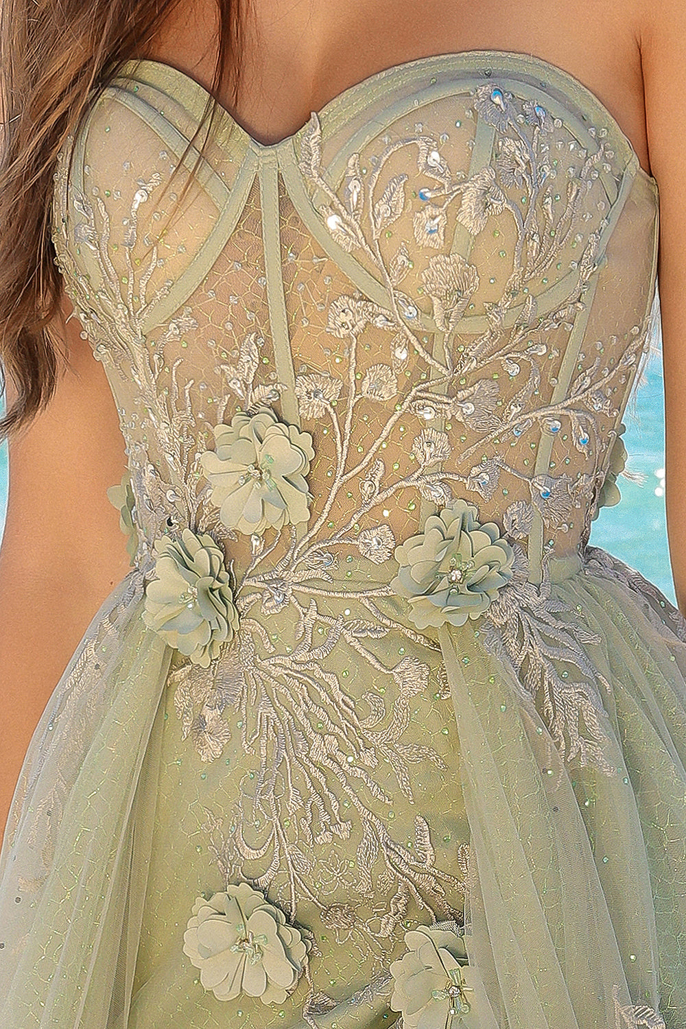 Strapless Fit & Flare Graduation Gown w/ Floral Motif & Voluminous Overskirt ACTM1002
