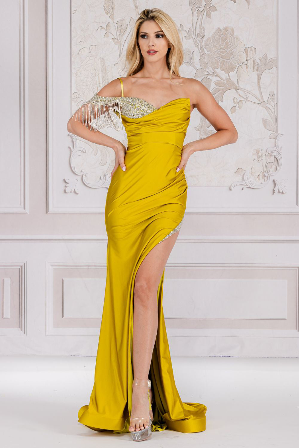 One Shoulder Strap Fringe Embellished Evening Gown w/ V-Neckline & Sexy Leg Slit AC3017