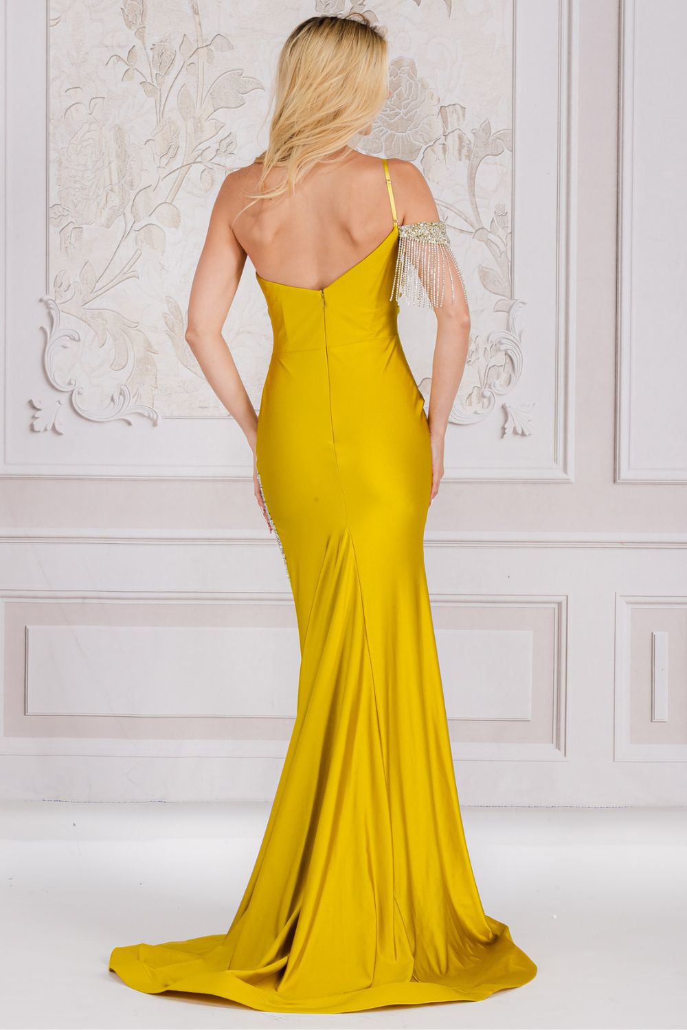 One Shoulder Strap Fringe Embellished Evening Gown w/ V-Neckline & Sexy Leg Slit AC3017