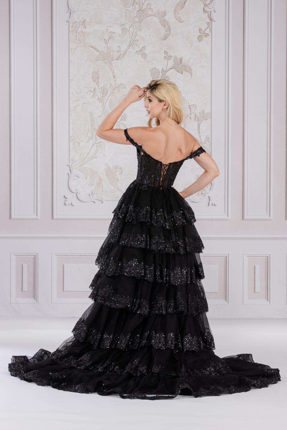 Off The Shoulder Sequins Embellished Maxi Prom Dress w/ Ruffled Skirt & Sheer Corset Bodice ACTM1012