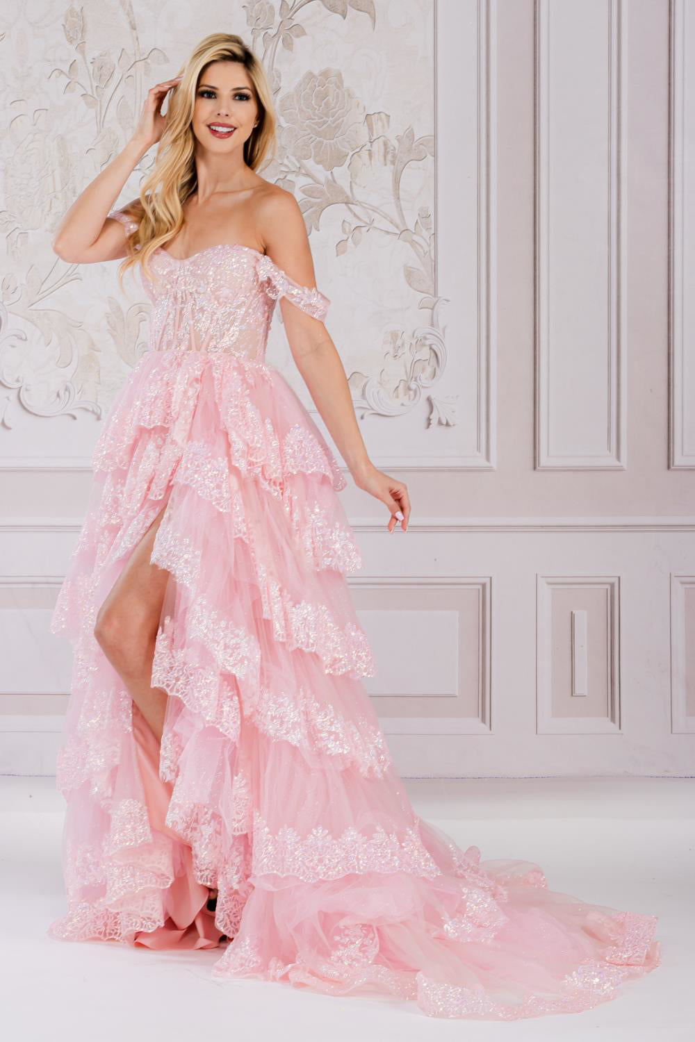 Off The Shoulder Sequins Embellished Maxi Prom Dress w/ Ruffled Skirt & Sheer Corset Bodice ACTM1012