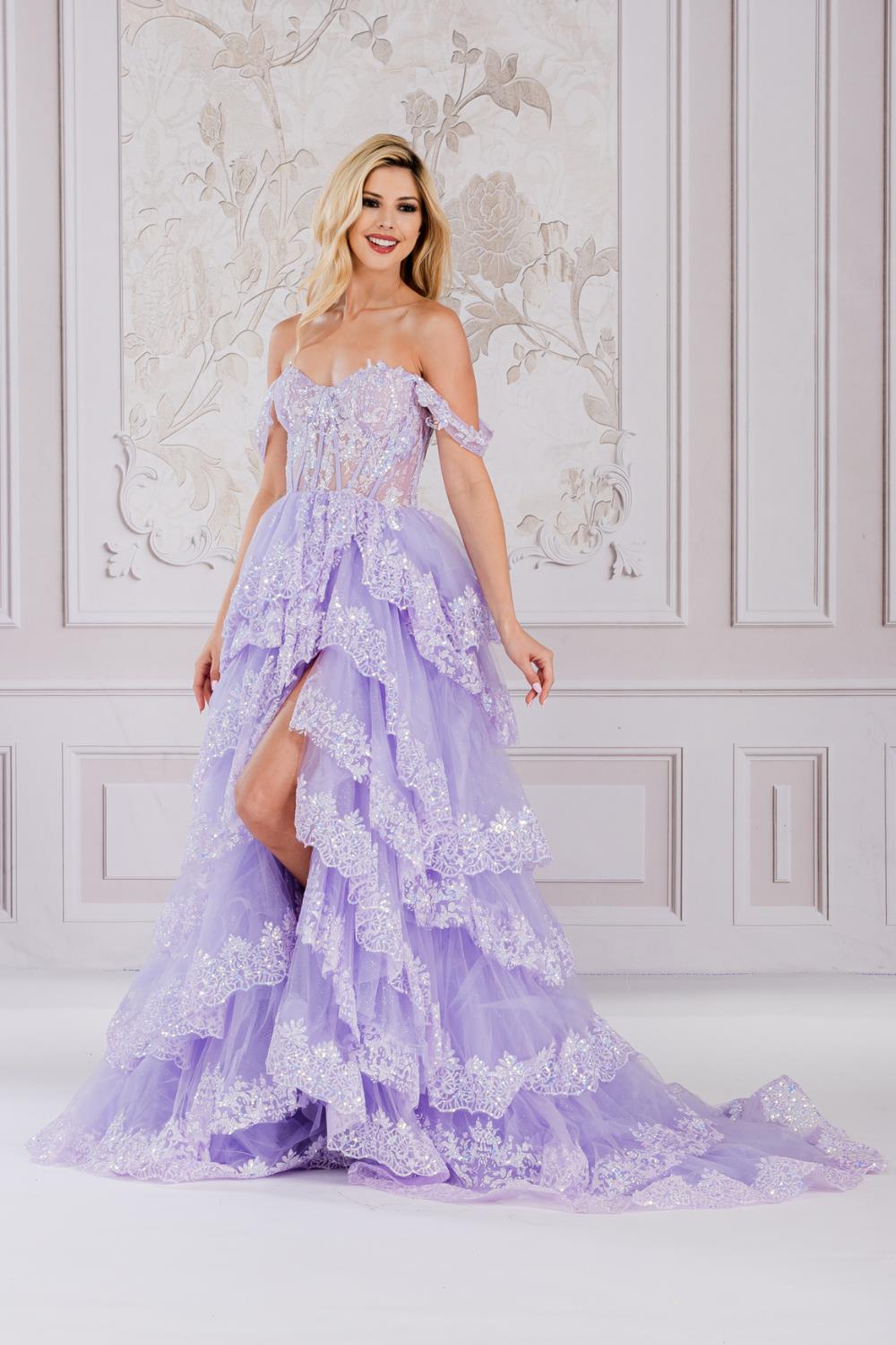 Off The Shoulder Sequins Embellished Maxi Prom Dress w/ Ruffled Skirt & Sheer Corset Bodice ACTM1012