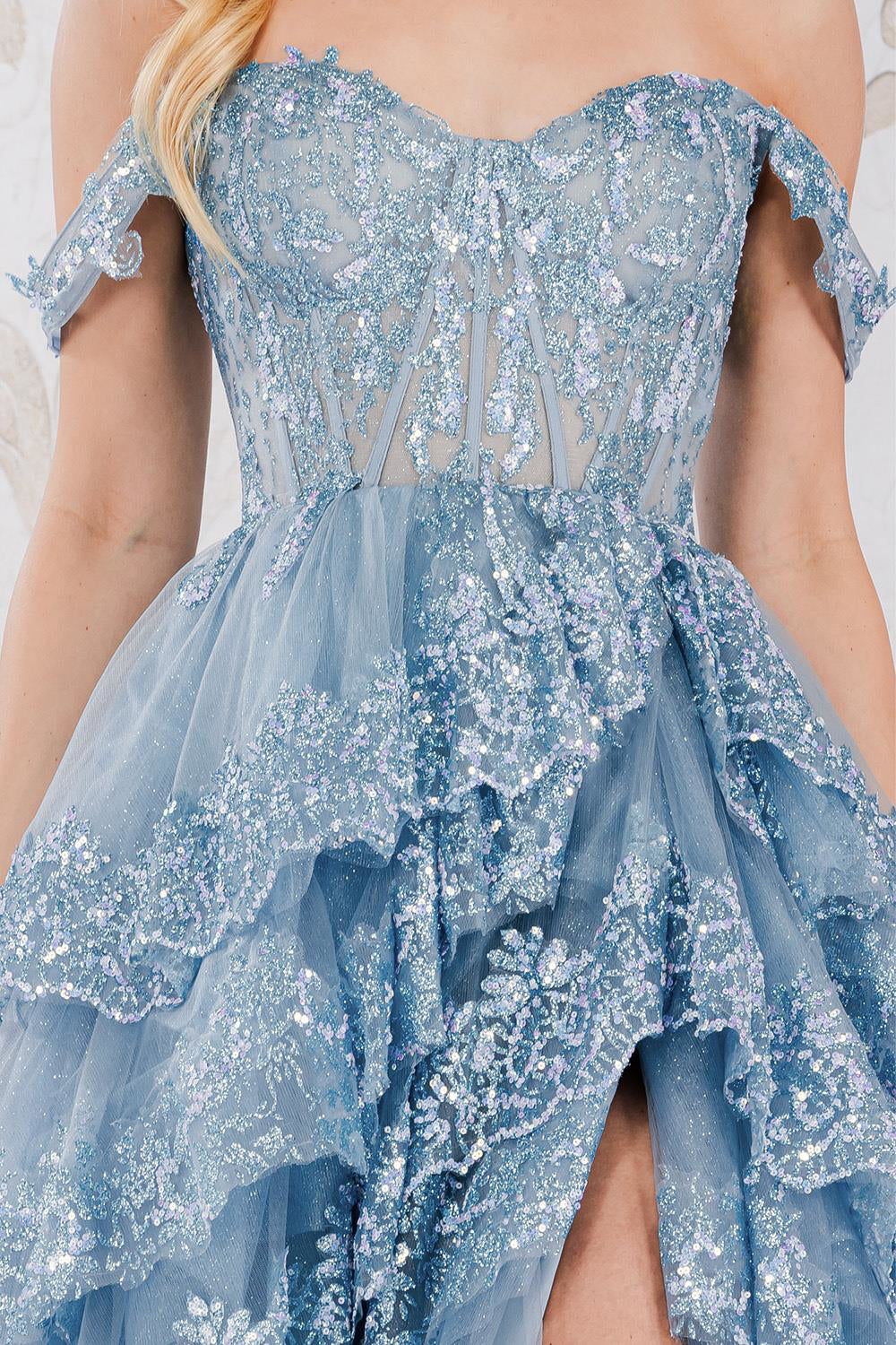 Off The Shoulder Sequins Embellished Maxi Prom Dress w/ Ruffled Skirt & Sheer Corset Bodice ACTM1012