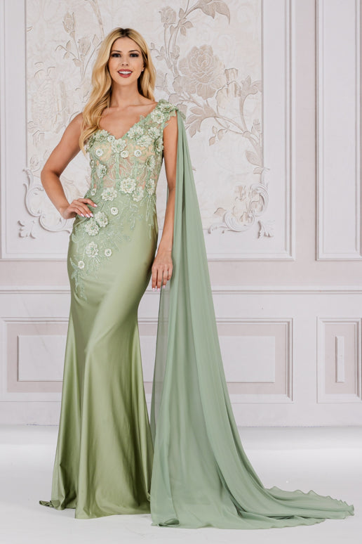Strap One Shoulder 3D Floral Applique Mermaid Long Evening & Prom Dress AC388