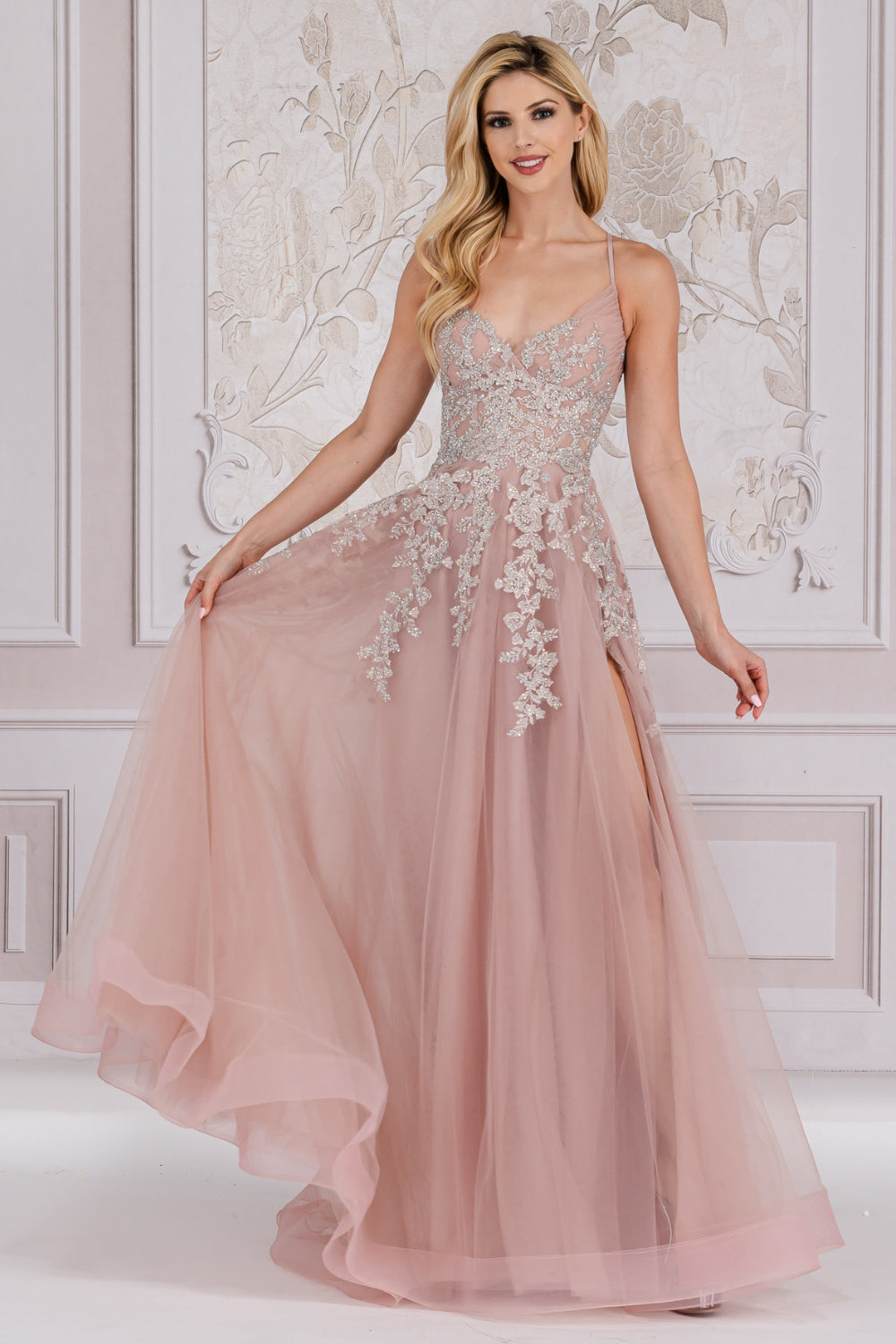 A-Line Special Occasion Soft Satin Gown w/ Floral Applique & Functional Lace Up Back ACTM1006