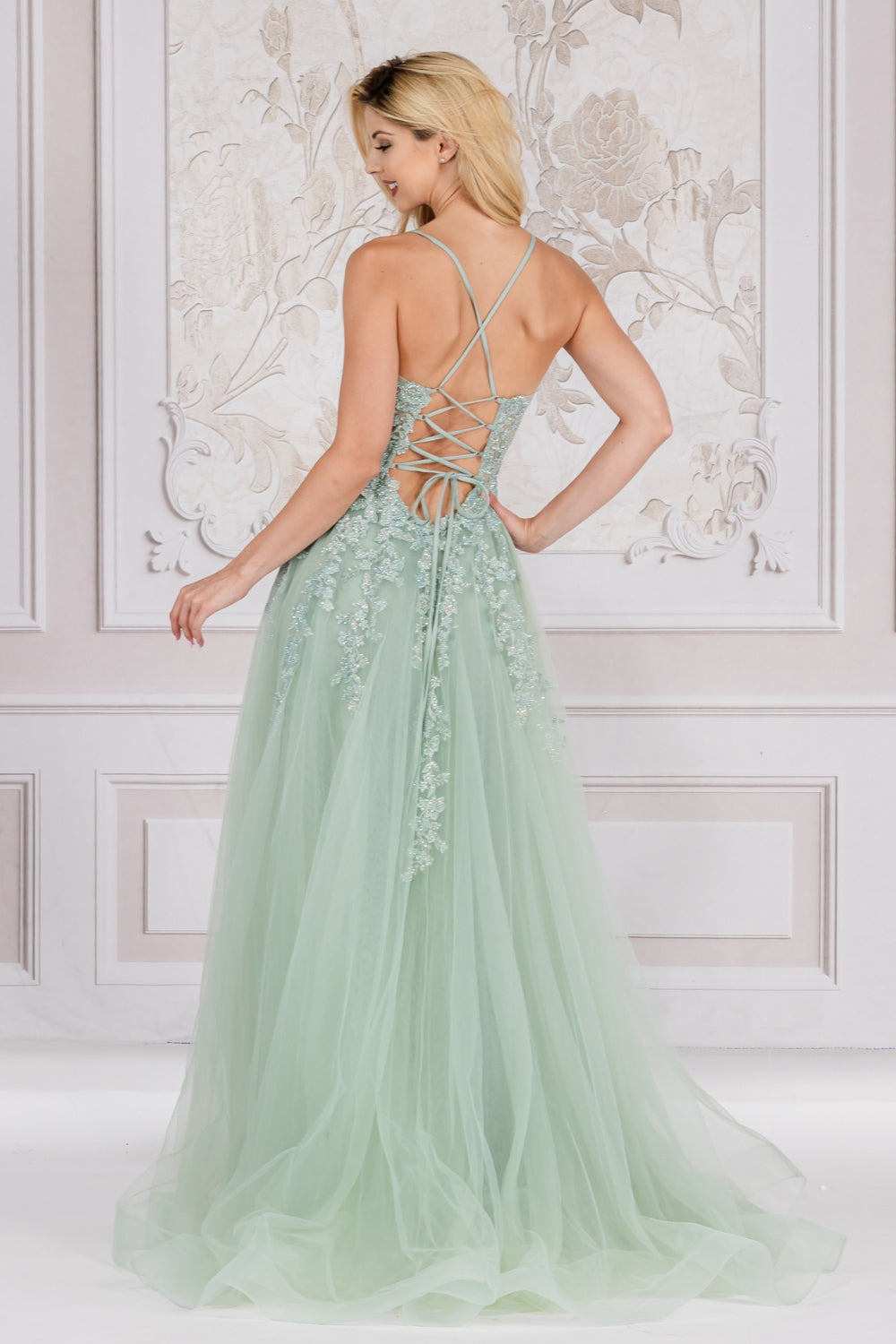 A-Line Special Occasion Soft Satin Gown w/ Floral Applique & Functional Lace Up Back ACTM1006