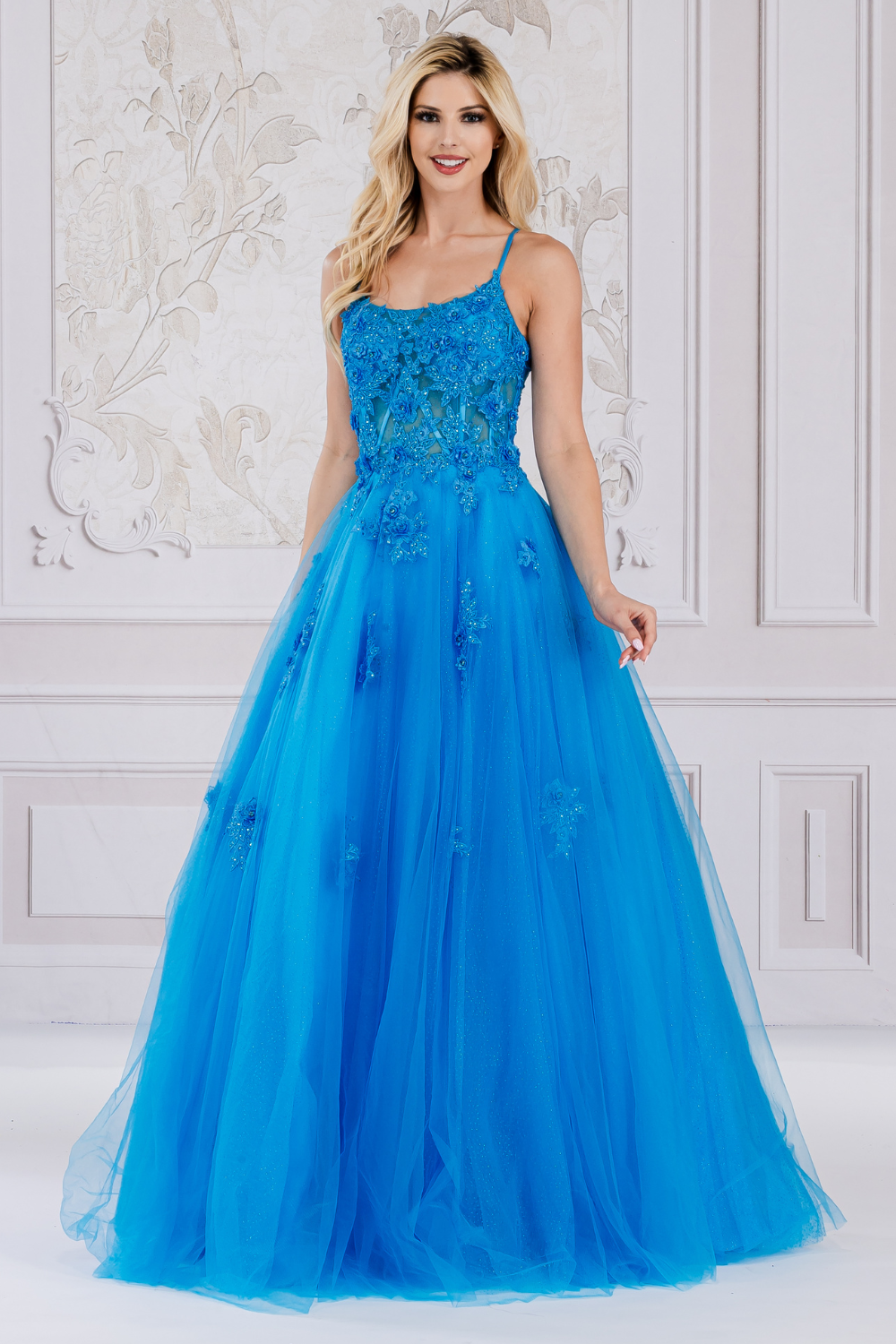 Charming Floral Lace Embellished Long A-line Prom Dress w/ Boat Neckline & Layered Skirt AC7035