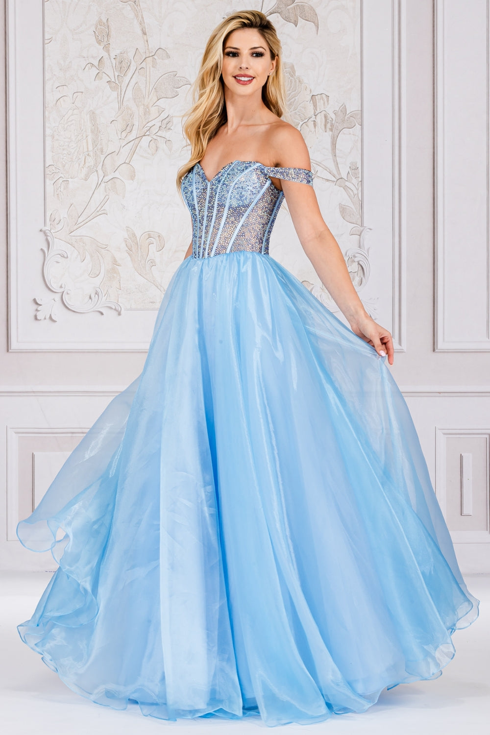 Off The Shoulder A-Line Prom Dress w/ Soft Satin Lining & Crystal Embellished Corset Bodice AC7040