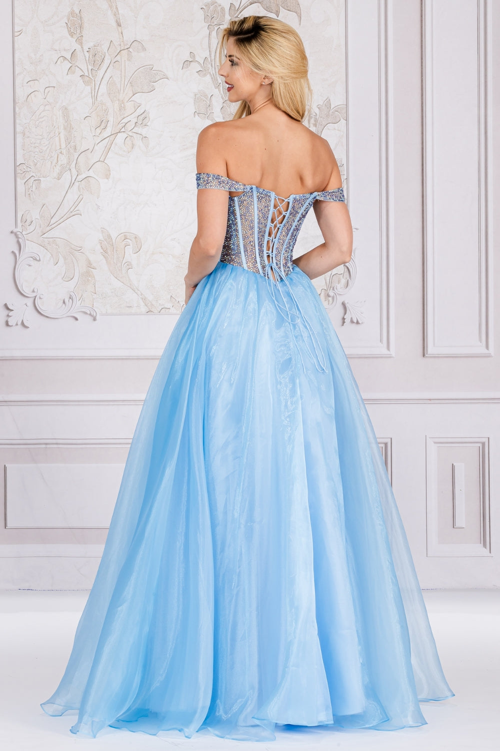 Off The Shoulder A-Line Prom Dress w/ Soft Satin Lining & Crystal Embellished Corset Bodice AC7040