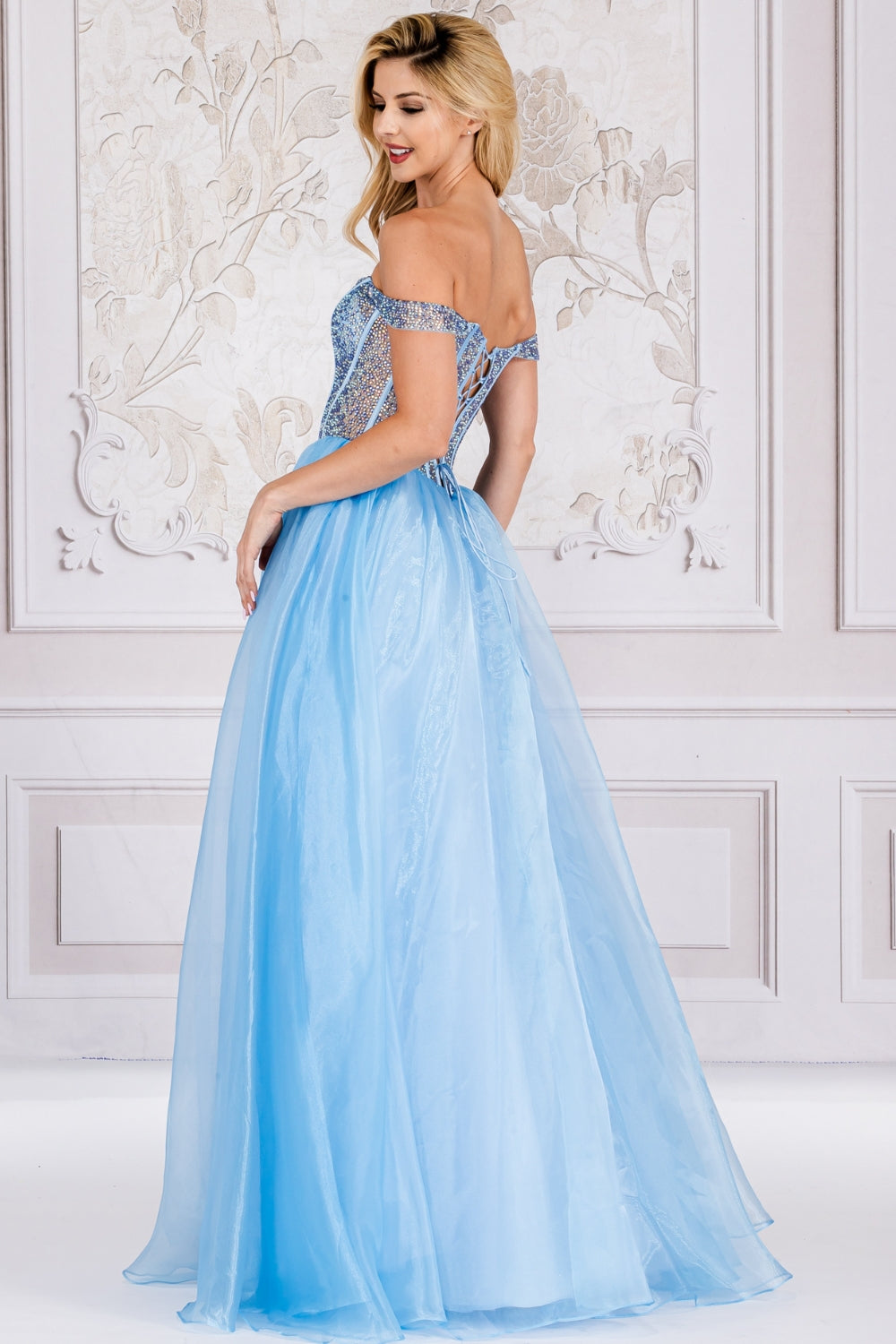 Off The Shoulder A-Line Prom Dress w/ Soft Satin Lining & Crystal Embellished Corset Bodice AC7040