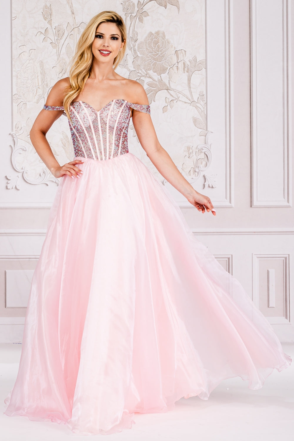 Off The Shoulder A-Line Prom Dress w/ Soft Satin Lining & Crystal Embellished Corset Bodice AC7040