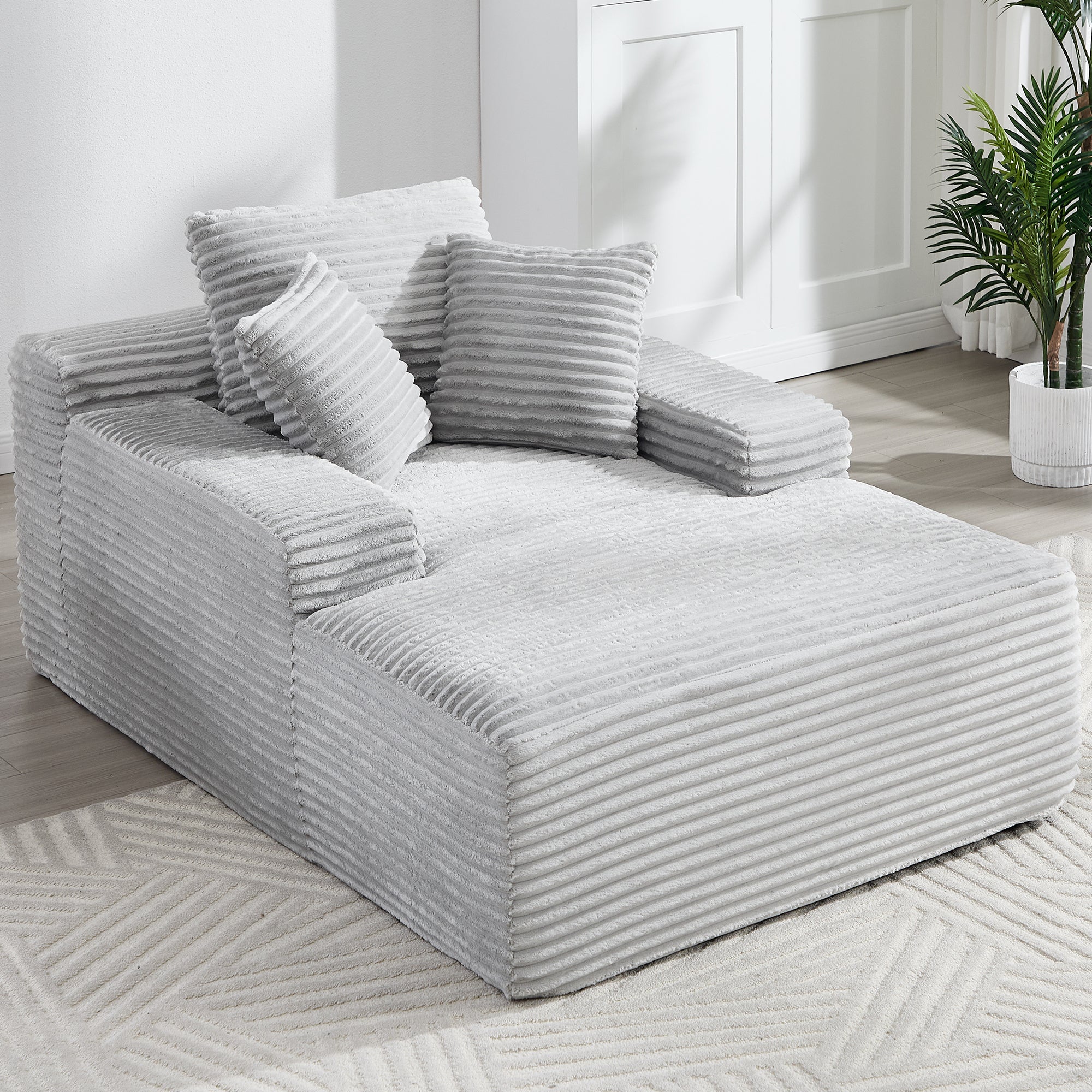 67' Chaise Lounge Chair 9.9'' Wide Armrest Indoor Corduroy Oversized Sleeper Sofa for Living Room Deep Seat Lounge and Three Soft Pillows Convertible Boneless Sofa Bed, Light Grey,No Assembly Required