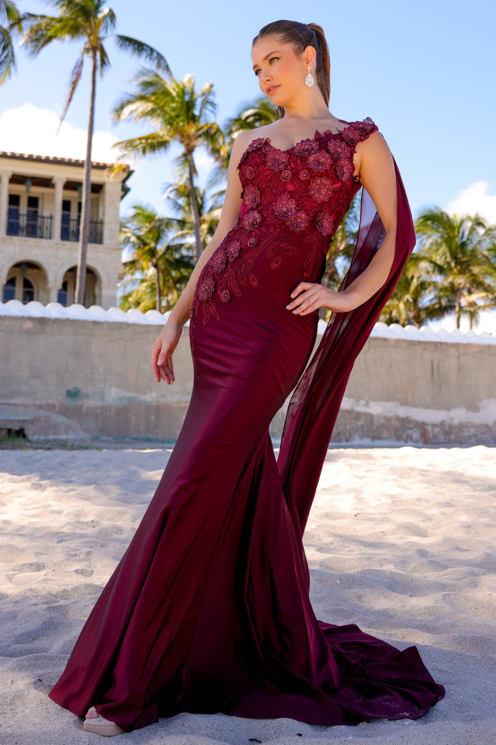 Strap One Shoulder 3D Floral Applique Mermaid Long Evening & Prom Dress AC388