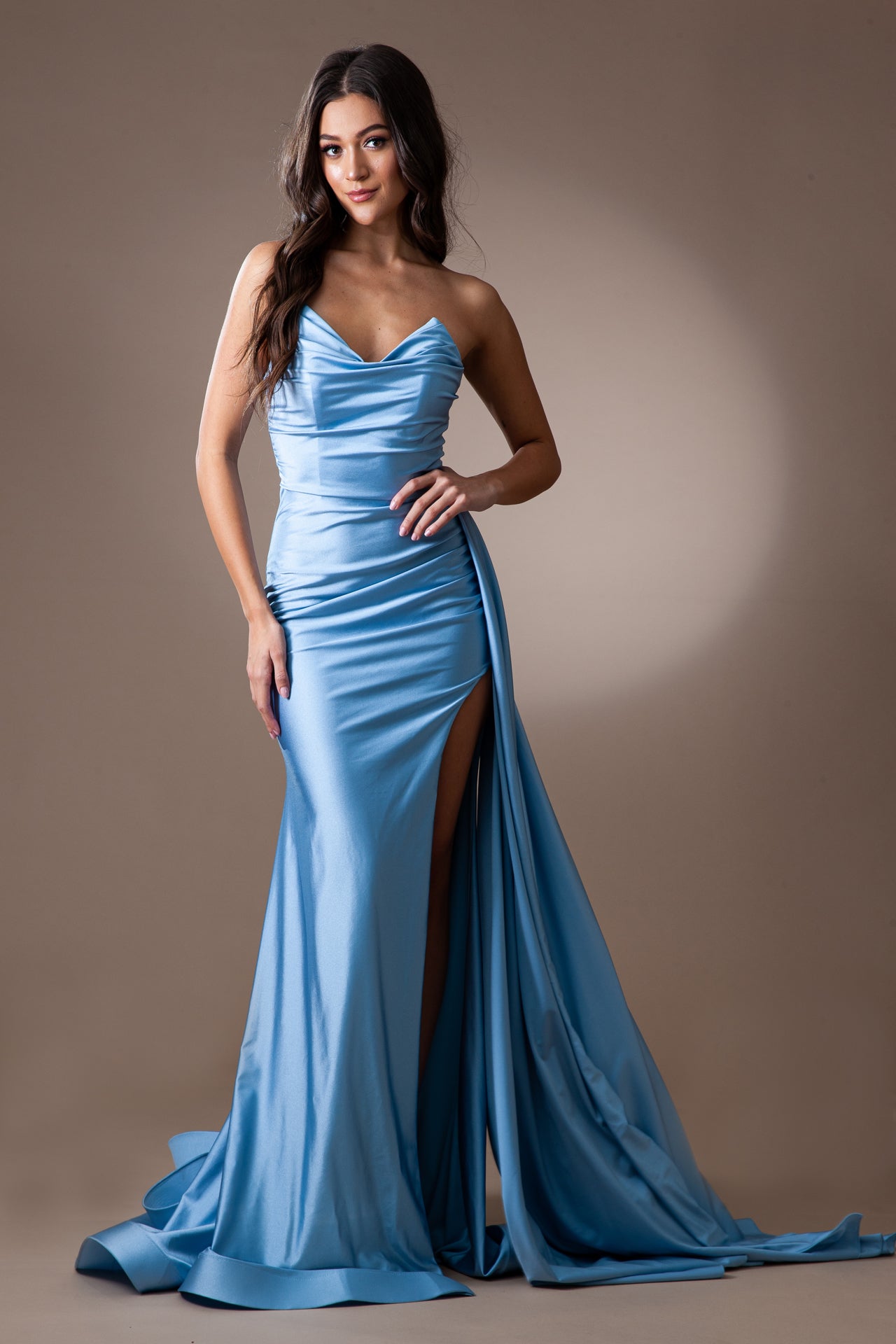 Sleeveless Festive Floor Length Gown w/ V-Neckline & Elegant Hip Cape AC3013