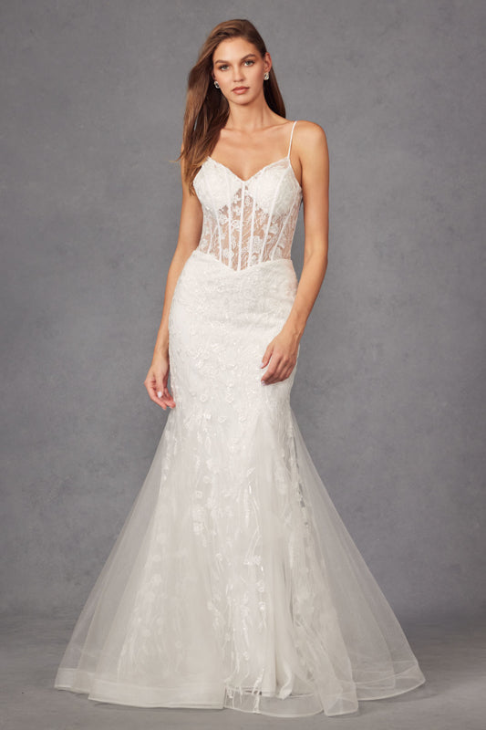 Floral Lace Embellished Maxi Wedding Gown w/ Sweetheart Neckline & Sheer Corset Bodice JTJT2441SW