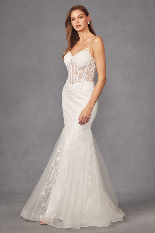 Floral Lace Embellished Maxi Wedding Gown w/ Sweetheart Neckline & Sheer Corset Bodice JTJT2441SW