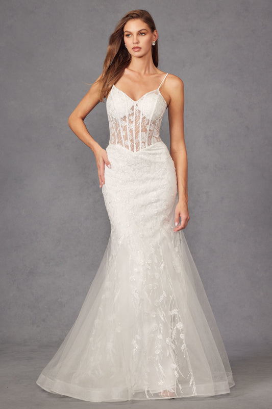 Floral Lace Embellished Maxi Wedding Gown w/ Sweetheart Neckline & Sheer Corset Bodice JTJT2441SW