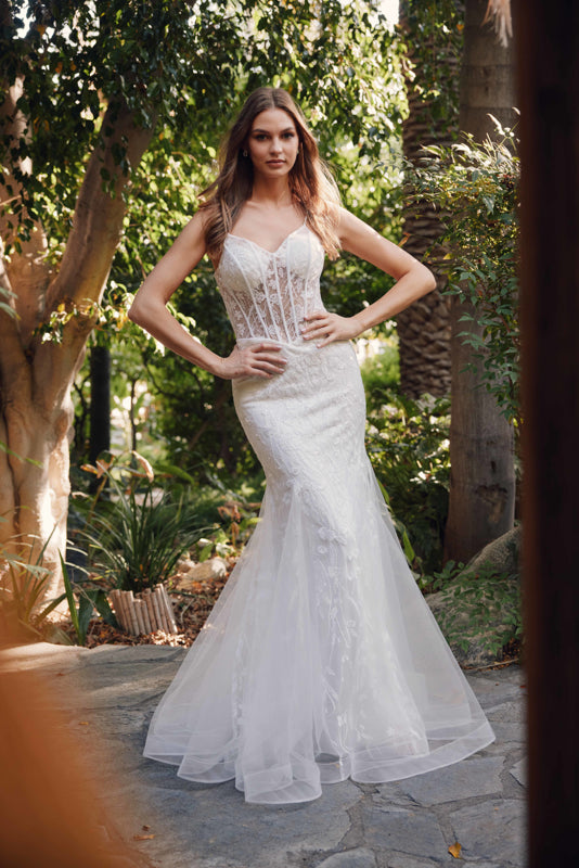 Floral Lace Embellished Maxi Wedding Gown w/ Sweetheart Neckline & Sheer Corset Bodice JTJT2441SW