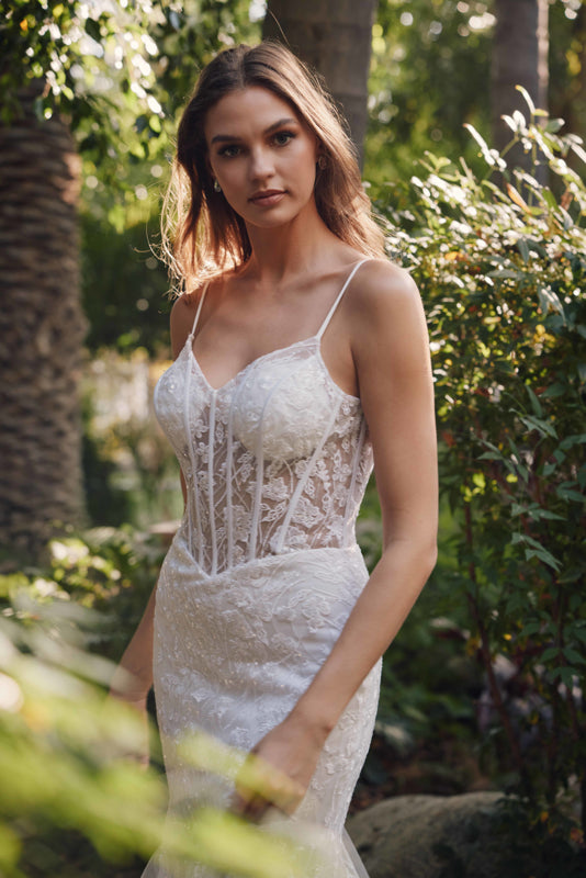 Floral Lace Embellished Maxi Wedding Gown w/ Sweetheart Neckline & Sheer Corset Bodice JTJT2441SW