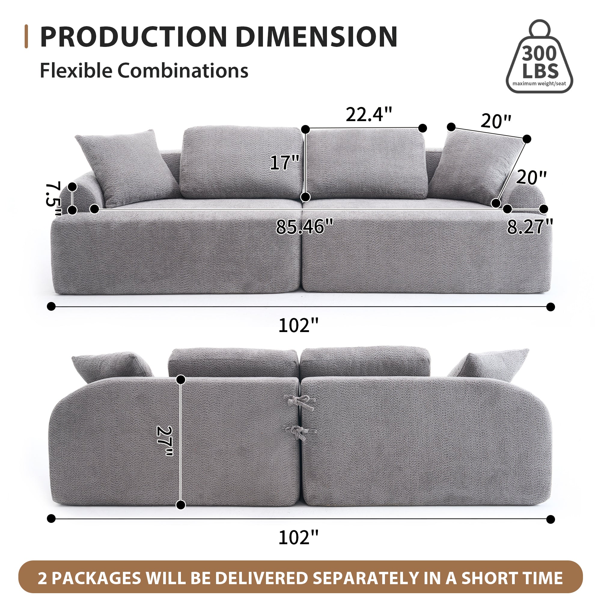 LY-024GY COMPRESSION SOFA: 4-seater combined sofa, Crochet Yarn Fabric, full sponge compression sofa,combined sofa with 4 pillows for home living/ Home Furniture/ Apartment/Office/House