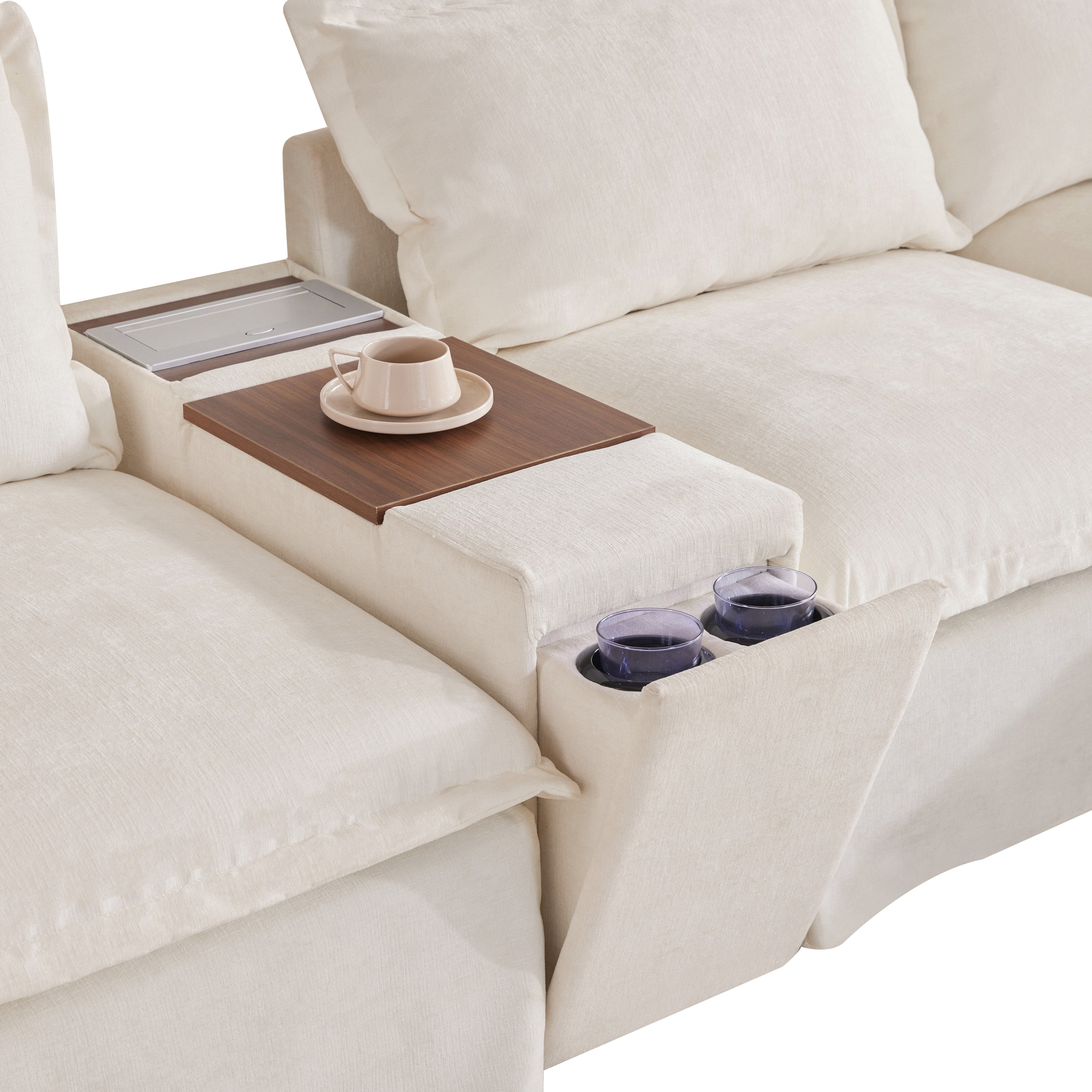[VIDEO+NEW]131'' Modular Sectional Sofa with Movable Ottoman and Console,Cup Holder,Wide Seat,6 Seat U Shaped Couch,Oversized Chenille Sofa with USB Charger for Living Room,Apartment,2 Colors