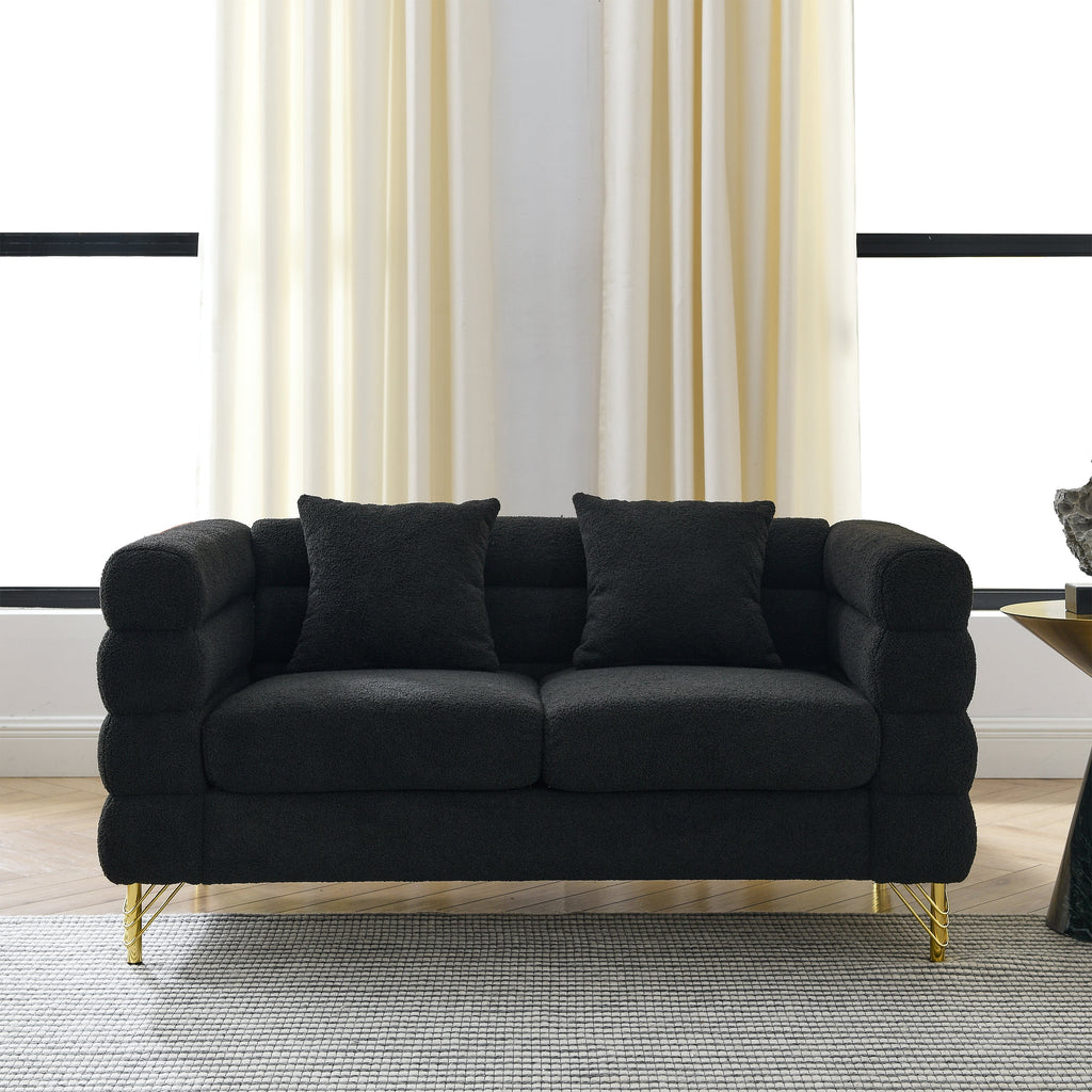 60Inch Oversized 2 Seater Sectional Sofa, Living Room Comfort Fabric Sectional Sofa-Deep Seating Sectional Sofa, Soft Sitting with 2 Pillows for Living Room, Bedroom, Office, Black teddy(W834S00030)