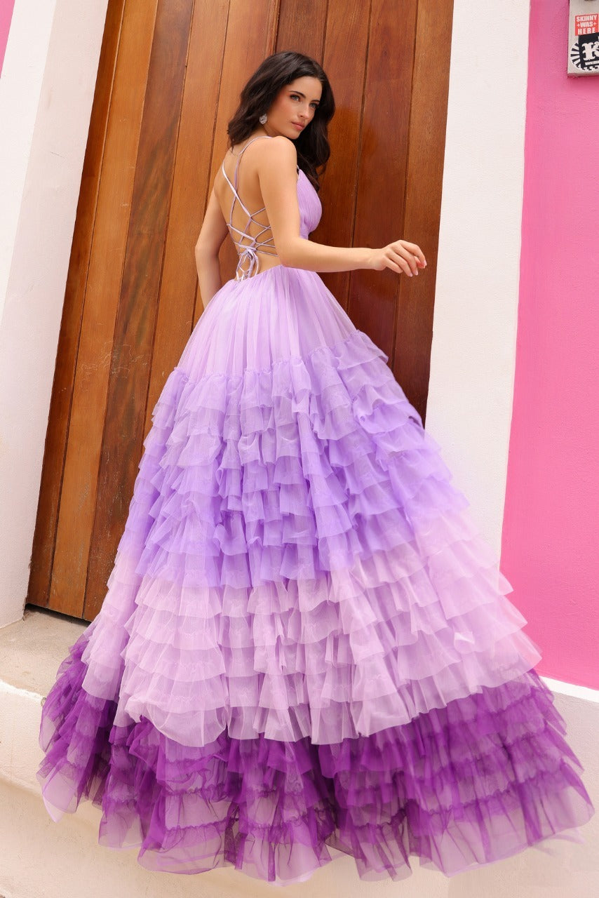 Sleeveless A-Line Graduation Dress w/ Ruffled Ombre Skirt & Pleated Waistline NX1420