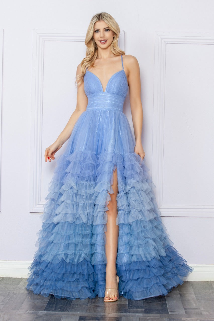 Sleeveless A-Line Graduation Dress w/ Ruffled Ombre Skirt & Pleated Waistline NX1420
