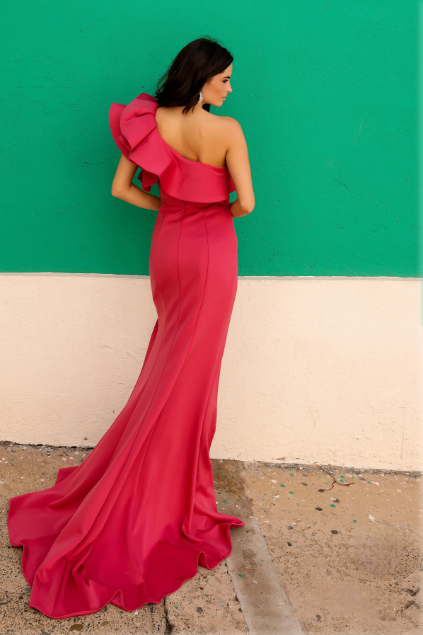 Sheath One Shoulder Festive Gown w/ Ruffled Overlay & Elegant Leg Slit NXE467