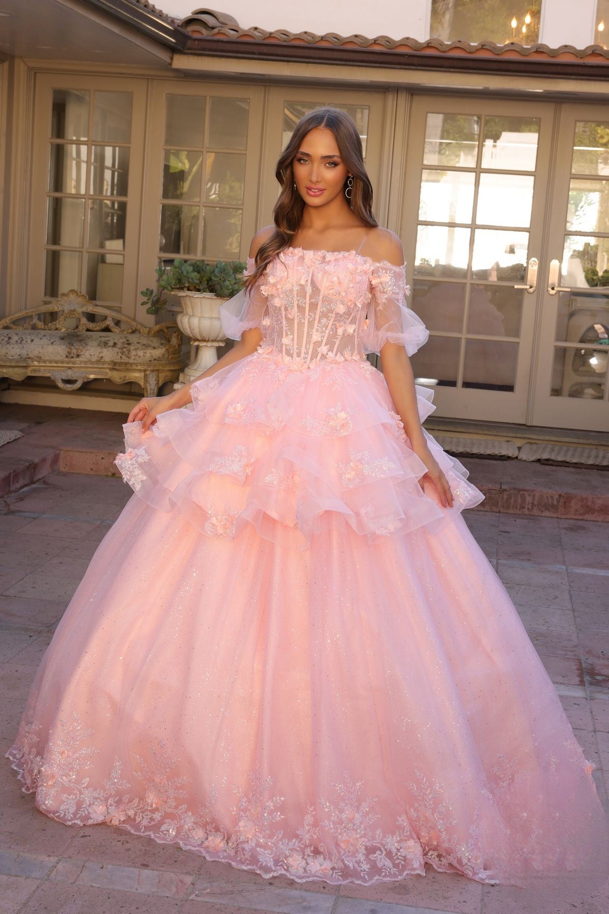 Floral Lace Embellished Long Graduation Gown w/ Detachable Skirt NXH1360