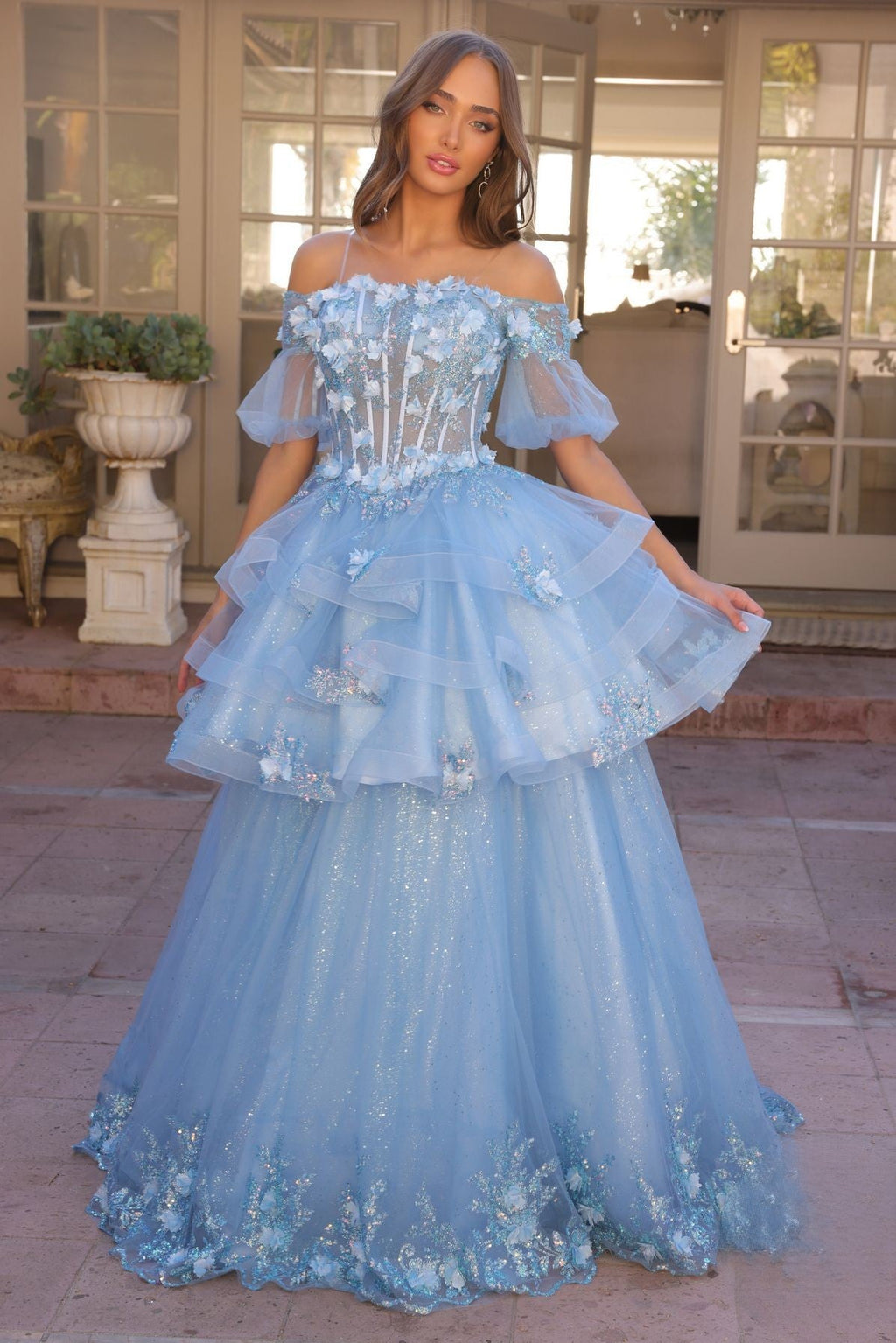Floral Lace Embellished Long Graduation Gown w/ Detachable Skirt NXH1360