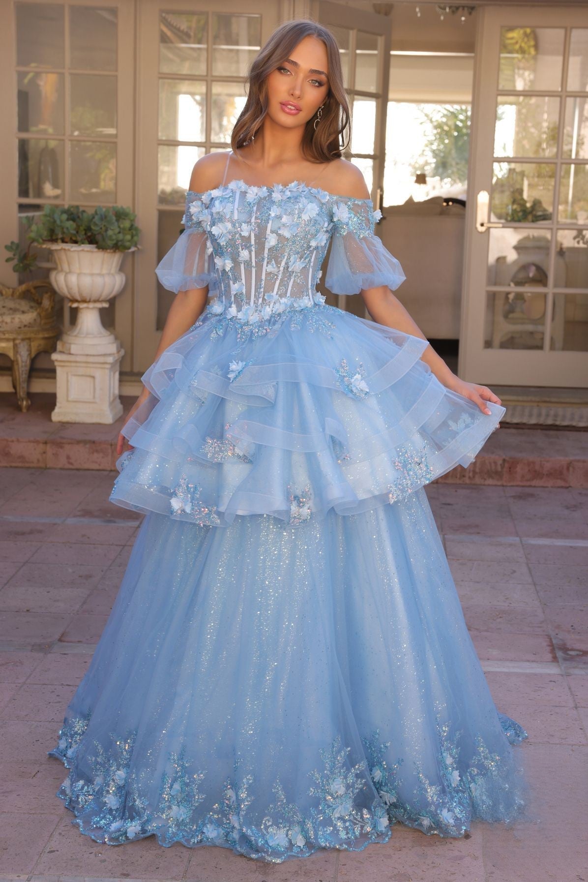 Floral Lace Embellished Long Graduation Gown w/ Detachable Skirt NXH1360