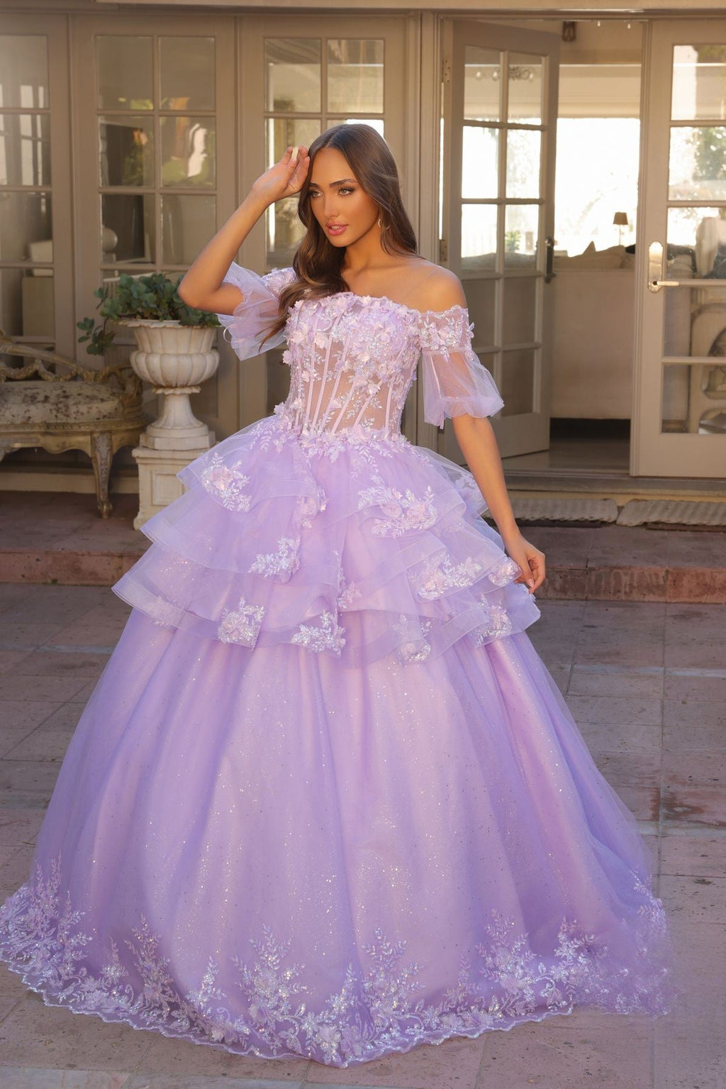 Floral Lace Embellished Long Graduation Gown w/ Detachable Skirt NXH1360