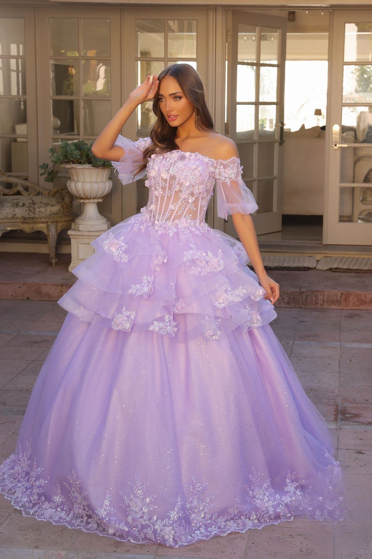 Floral Lace Embellished Long Graduation Gown w/ Detachable Skirt NXH1360