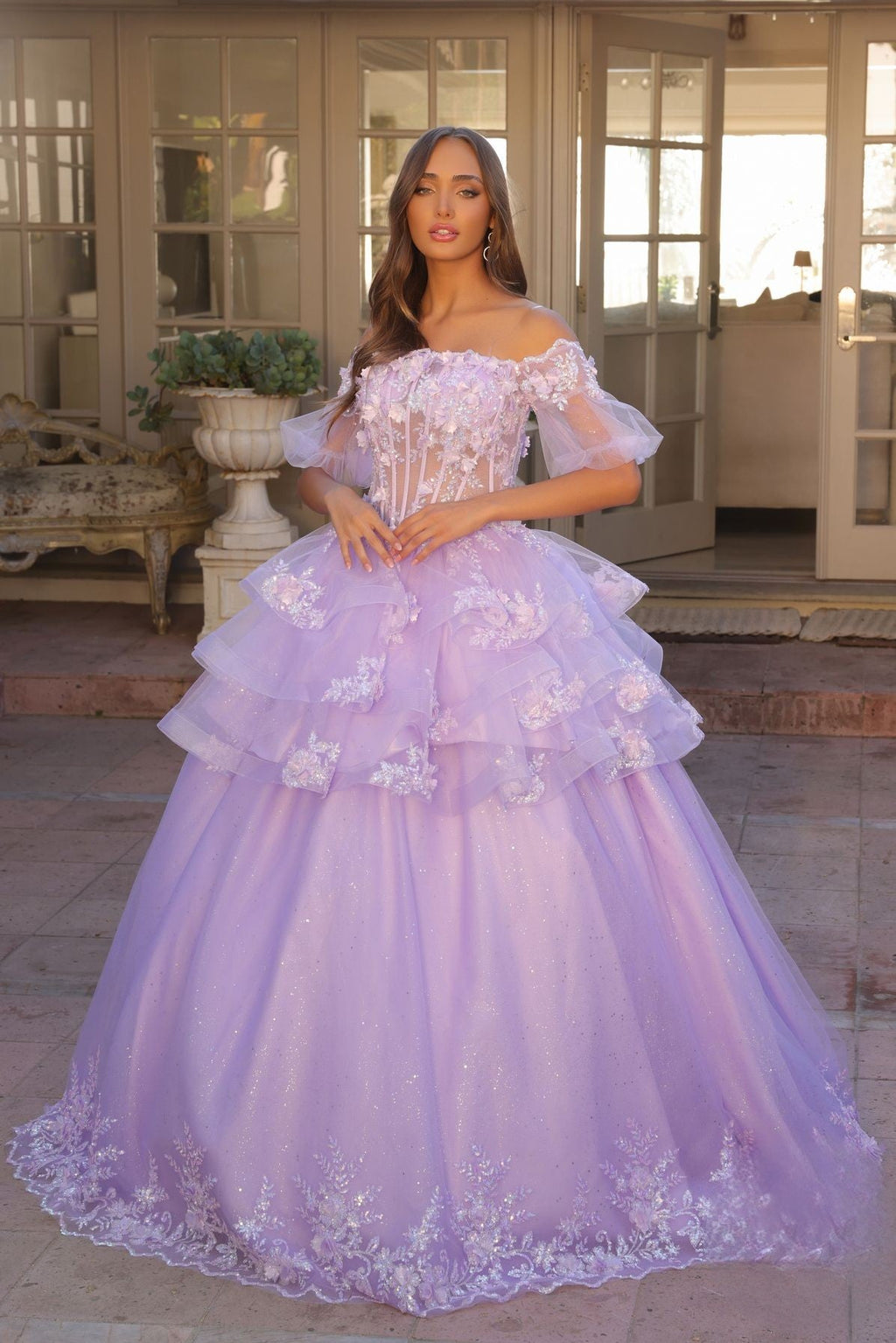 Floral Lace Embellished Long Graduation Gown w/ Detachable Skirt NXH1360